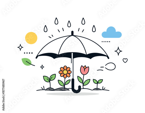Spring Growth Protection. Spring protection concept. An umbrella sheltering flowers and young plants from rain, abstract shapes floating around. Clean visual