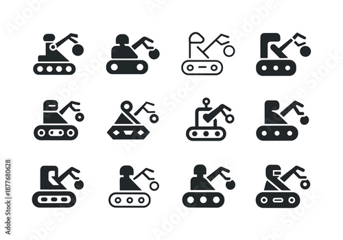Sapper Logo Variations. Sapper. Icon set. Set Logo of sapper: bomb disposal robot. harmonious logo variations: Flat solid, Iconic shape, Minimal outline,