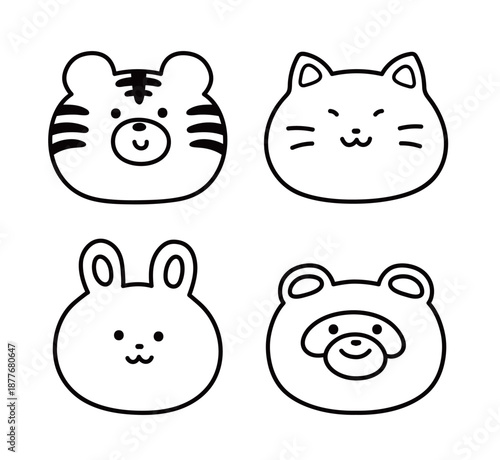 Set of four cute animal face outlines including a tiger, cat, rabbit, and bear. Simple black and white vector line art perfect for coloring pages, children's stickers, and minimalist nursery decor.