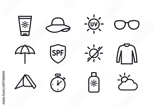 Sun Protection Icons. Sun protection. Line icon set of Sun protection: sunscreen tube, wide-brim hat, UV index symbol, sunglasses, shaded umbrella, SPF shield,