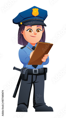 Diligent girl police officer writing notes on a clipboard while wearing her uniform. Vector cartoon character illustration