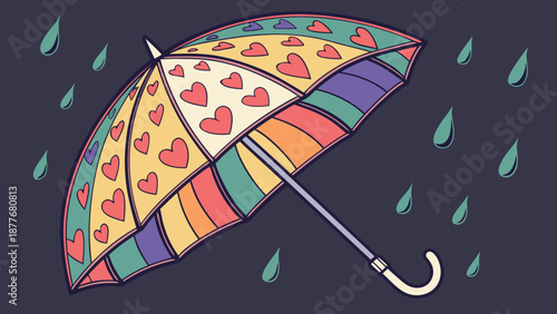Colorful umbrella with heart pattern in rain symbolizing love and protection on a rainy day with vibrant colors