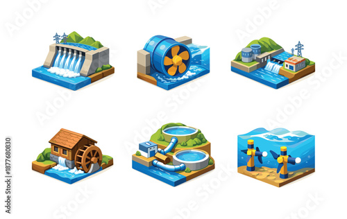 Hydropower Icons Grid. Hydropower systems. Isometric flat vector icons set of Hydropower systems: hydroelectric dam, water turbine, river-based power plant,