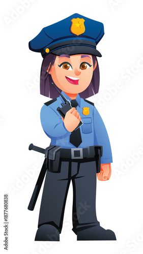 Young girl police officer in uniform holding a walkie talkie radio transmitter. Vector cartoon character illustration
