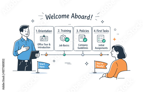 Clear Onboarding Illustration. Onboarding process and orientation. Manager explaining first steps with cards and timeline elements, clear structure and
