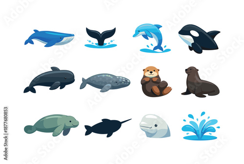 Ocean Mammal Icons. ocean mammals. Colorful flat vector icons set of ocean mammals: blue whale, humpback fluke, dolphin jump, orca head shape, pilot whale,