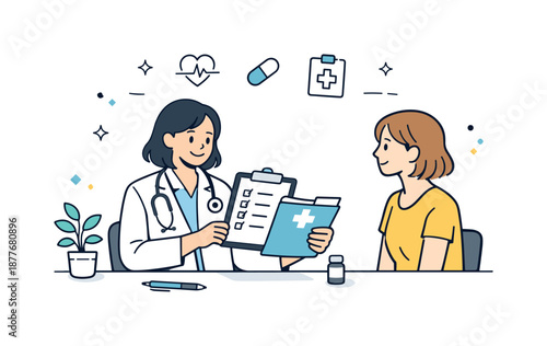 Routine Checkup Illustration. Primary care visit. Doctor checking a checklist and patient records during a routine appointment, showing organized and caring