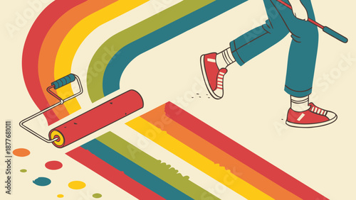 Person painting colorful rainbow road with roller symbolizing creativity and positivity in urban setting with vibrant hues and dynamic movement