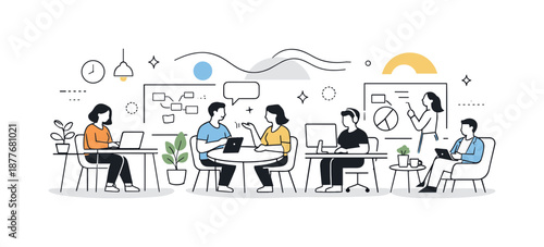 Modern Coworking Space. Modern coworking culture. A bright open space with desks, plants, and collaborative zones. Balance of focus and interaction, abstract