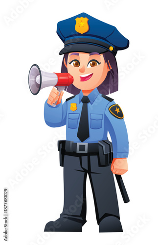 Enthusiastic girl police officer using a megaphone to give public announcements. Vector cartoon character illustration