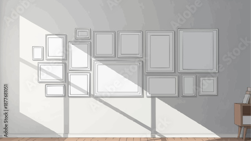 a collection of empty picture frames on a wall with sunlight