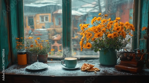 Cozy autumnal window scene with coffee and flowers