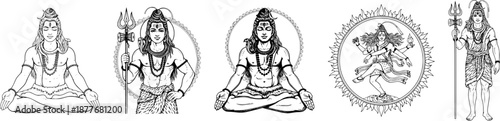 Lord Shiva vector illustration set in detailed black and white line art style. Featuring Mahadev in multiple poses including meditation, standing form, trident symbol, and sacred mandala elements.