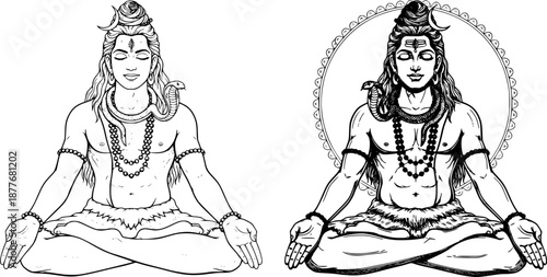 Meditating Lord Shiva vector illustration in lotus pose, Hindu God Mahadev sitting in meditation line art, spiritual yoga pose black and white sketch for Mahashivratri