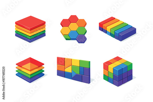Rainbow Geometric Grid. Rainbow geometric backgrounds. Isometric flat vector icons set of rainbow geometric backgrounds: stacked rainbow rectangles, hexagonal