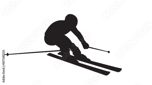 Skier in motion silhouette black figure skiing downhill with poles