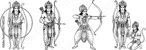 Lord Rama and Lord Hanuman illustration set in detailed black and white line art style, featuring multiple poses including Rama standing with bow and arrow, and Hanuman kneeling in devotion