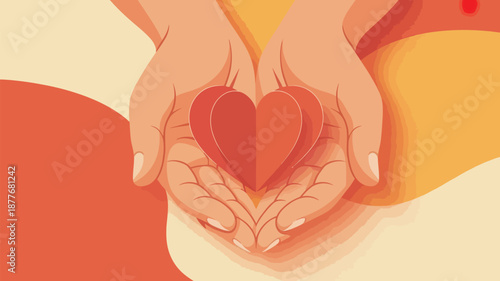 Hands cradling a red heart on a vibrant orange and yellow background symbolizing love and care
