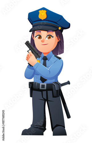 Young girl in a police officer uniform holding a handgun in a tactical pose. Vector cartoon character illustration