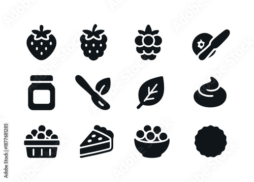 Berry Jam Icon Set. Berry jam. Solid icon set of Berry jam: strawberry, raspberry, blackberry, blueberry, jam jar, spread knife, berry leaf, puree swirl, crate