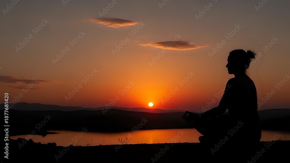 Fototapeta premium Woman silhouette meditating at sunset by lake with orange sky and clouds. Peaceful yoga practice during golden hour for wellness and mindfulness concepts.