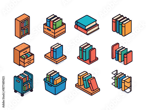 Colorful Book Storage Icons. Book storage. Colorful isometric vector icons set of book storage: bookshelf, book box, horizontal stack, vertical row, drawer