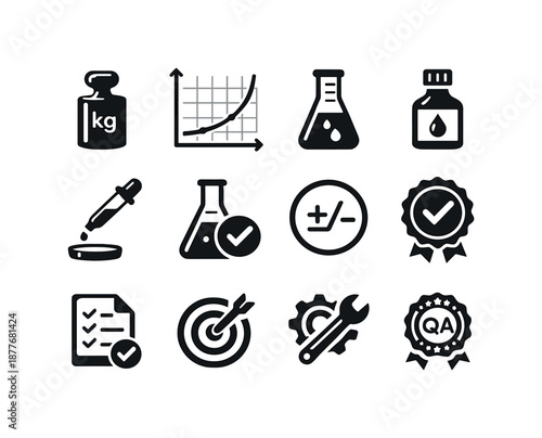 Calibration Icons Grid. Calibration tasks. Solid icon set of Calibration tasks: calibration weight, calibration curve, volumetric mark, standard solution icon,