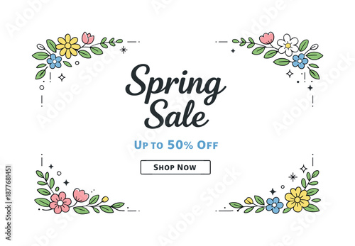 Spring Sale Template. Spring sale layout template. Decorative floral elements forming a clean frame with space for headline and call to action. Flexible