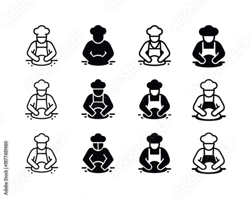 Baker Logos Collection. A baker kneading dough by hand on a flour-covered surface. Icon set. Set Logo of a baker kneading dough by hand on a flour-covered