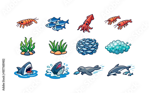 Marine Food Chain Icons. marine food chain. Colorful isometric vector icons set of marine food chain: krill, schooling fish, squid, small crustaceans, kelp,