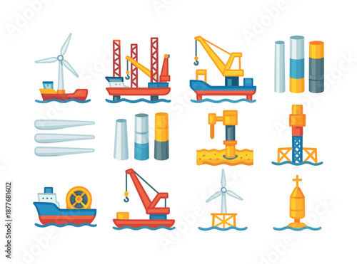 Offshore Wind Icons. Offshore wind construction. Colorful flat vector icons set of Offshore wind construction: installation vessel, jack-up ship, heavy lift