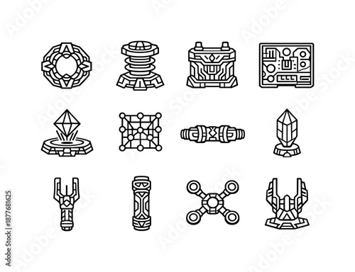 Ancient Alien Icon Set. Ancient alien technology. Line icon set of Ancient alien technology: energy core, propulsion coil, alien battery, control module,