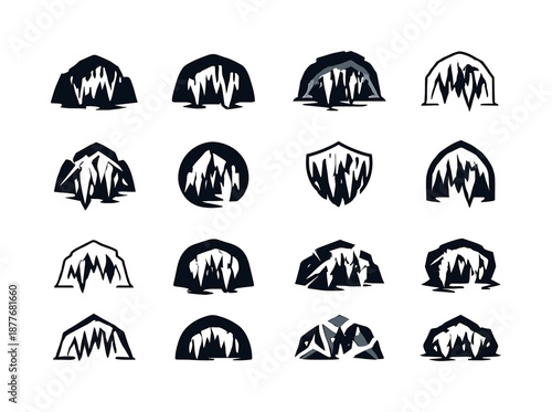 Cave Logo Variations. Caves and caverns. Icon set. Set Logo of Caves and caverns: stalactite cluster. harmonious logo variations of the same emblematic