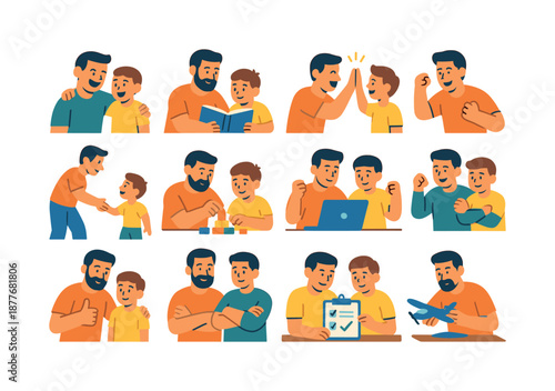 Father-Son Icons. Father?Son Bonding. Colorful flat vector icons set of Father?Son Bonding: shared laughter, learning moment, high-five, offering help, patient