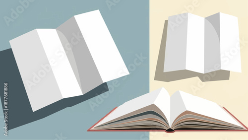 Three white open books on different colored backgrounds with shadows