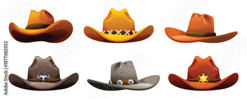 Collection of various western cowboy hats with different colors and decorations. Vector cartoon illustration