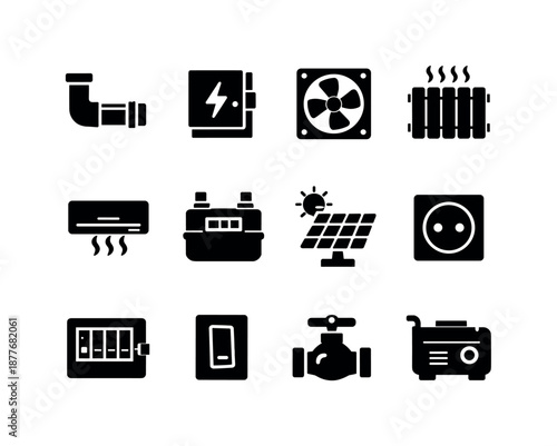 Building Utilities Icons. Building utilities. Solid icon set of building utilities: water pipe, electrical panel, ventilation fan, heating radiator, air