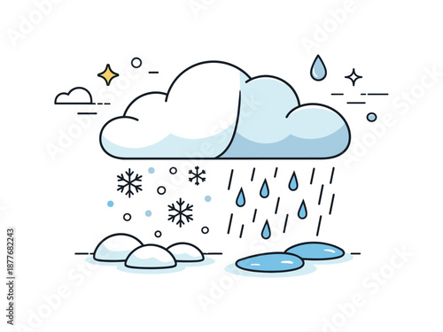 Cloud Weather Transition. Rain replacing snow concept. A single cloud releasing snow on one side and rain on the other, divided softly in one scene. Clear