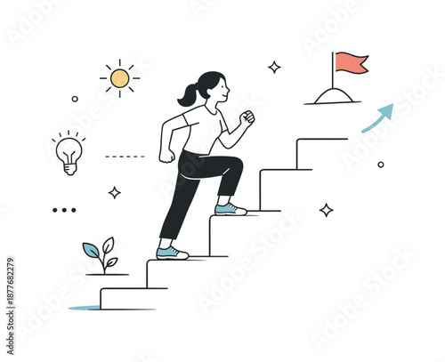 Woman's Determined Ascent. Strong women concept illustration. A woman climbing simple abstract steps, moving upward with focus and determination. A positive