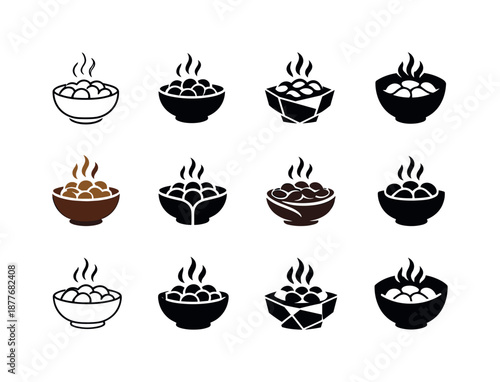 Cooked Beans Icons. cooked beans. Icon set. Set Logo of cooked beans: bean bowl. harmonious logo variations of the same emblematic concept, each with different