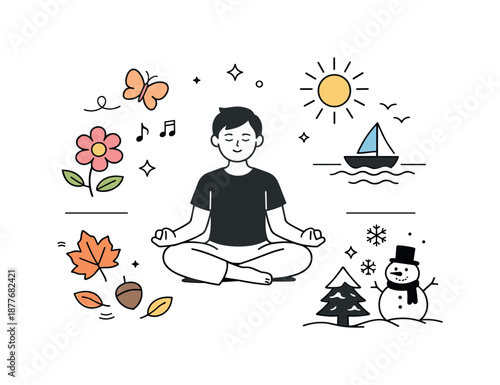 Seasons in Balance. Balance through seasons. A character calmly standing or sitting between symbolic elements of spring, summer, autumn, and winter. Peaceful