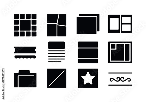 Scrapbook Icon Set. Scrapbook layouts. Solid icon set of Scrapbook layouts: grid layout, collage frame, layered corner, double-page spread, banner strip,