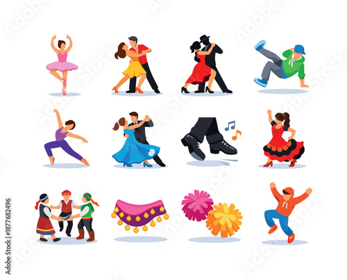 Dance Style Icons. Dance styles. Colorful flat vector icons set of dance styles: ballet pose, salsa couple, tango silhouette, hip-hop move, contemporary