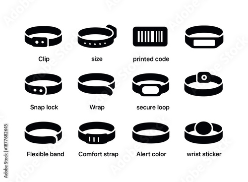 Wristband Feature Icons. Wristband features. Solid icon set of Wristband features: clip icon, size adjust, printed code, clear label, snap lock, wrap icon, ID