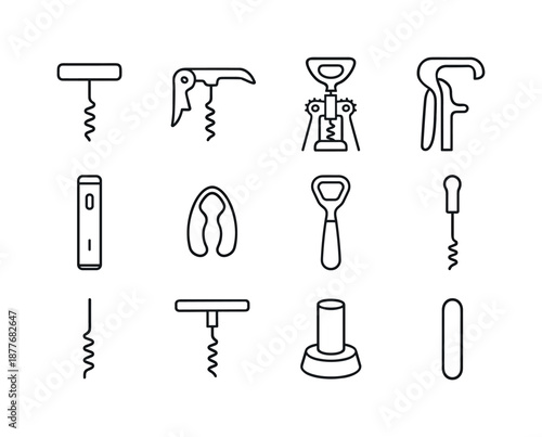 Cork Tools Icons. Cork Tools. Line icon set of Cork Tools: corkscrew, waiter's friend opener, wing corkscrew, lever cork remover, electric cork opener, foil