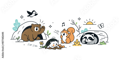 Spring Awakening Animals. Animals waking from hibernation. Friendly editorial illustration of forest animals slowly becoming active after winter, calm and
