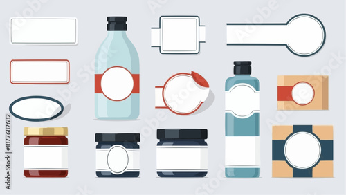 Collection of blank product labels for various cosmetic and food items on a light gray background