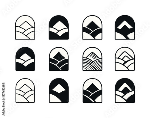 Lush Valley Logo Variations. Lush Valley. Icon set. Set Logo of Lush Valley: valley arch symbol. harmonious logo variations of the same emblematic concept,