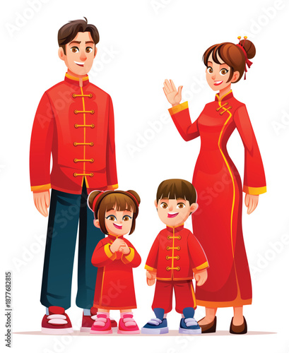 Happy Chinese family wearing traditional red costumes for Lunar New Year celebration. Vector cartoon illustration