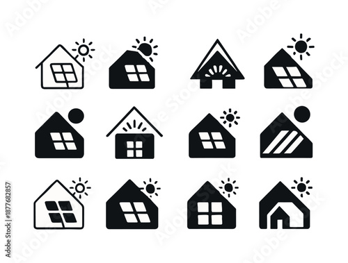 Energy Home Icons. Energy-efficient home design trends. Icon set. Set Logo of energy-efficient home design trends: solar panel rooftop. harmonious logo